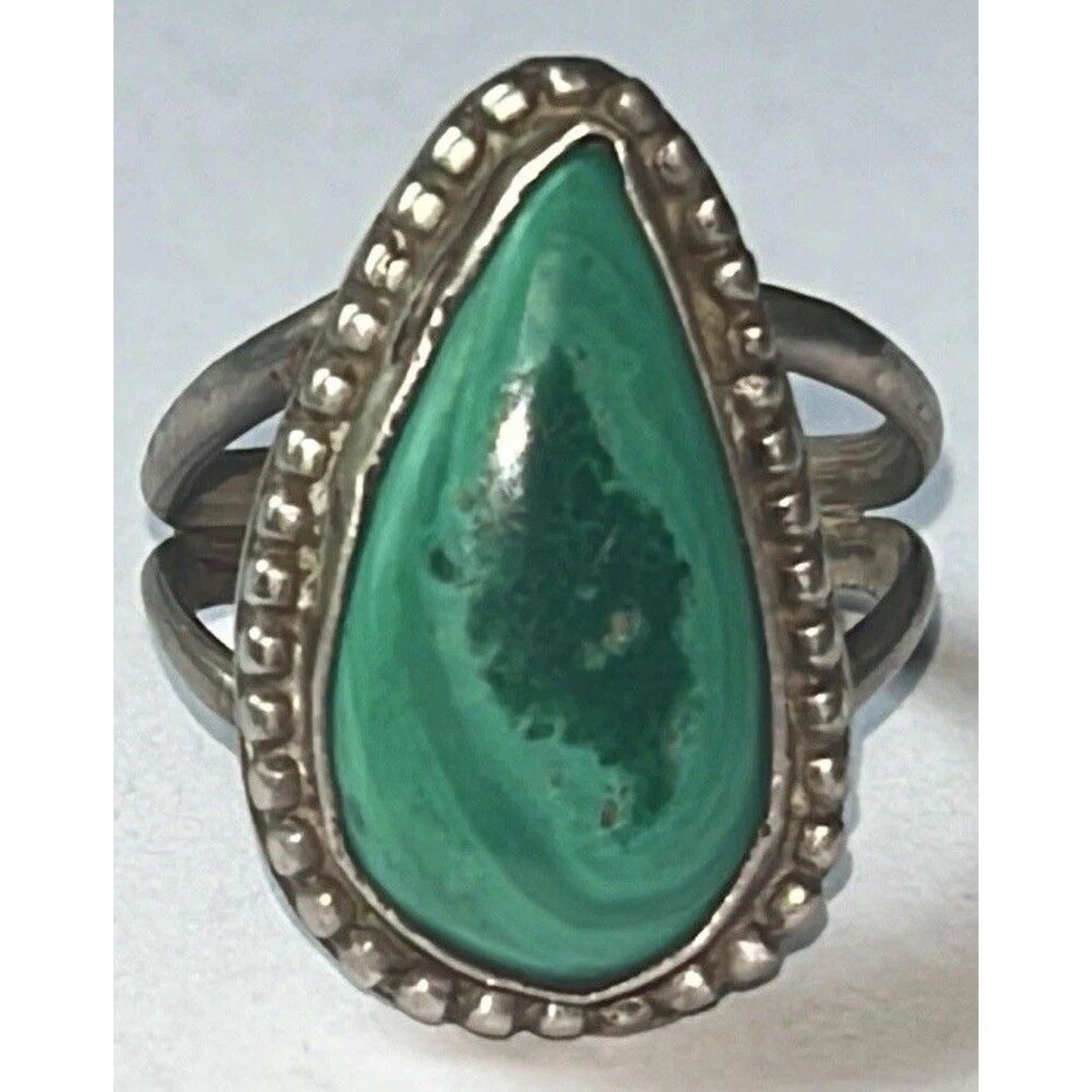Vintage Tested Sterling Silver Malachite Teardrop Ring Artisan Boho Size 6.5